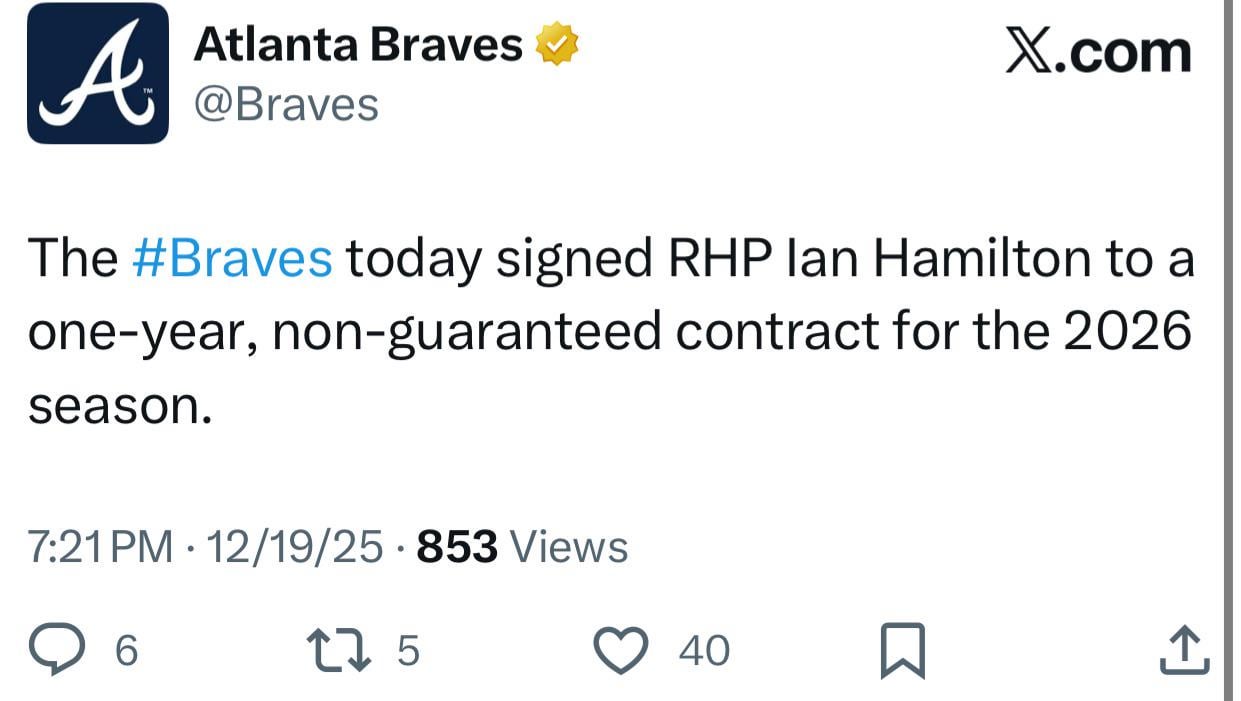 [Braves] The Braves today signed RHP Ian Hamilton to a one-year, non-guaranteed contract for the 2026 season.