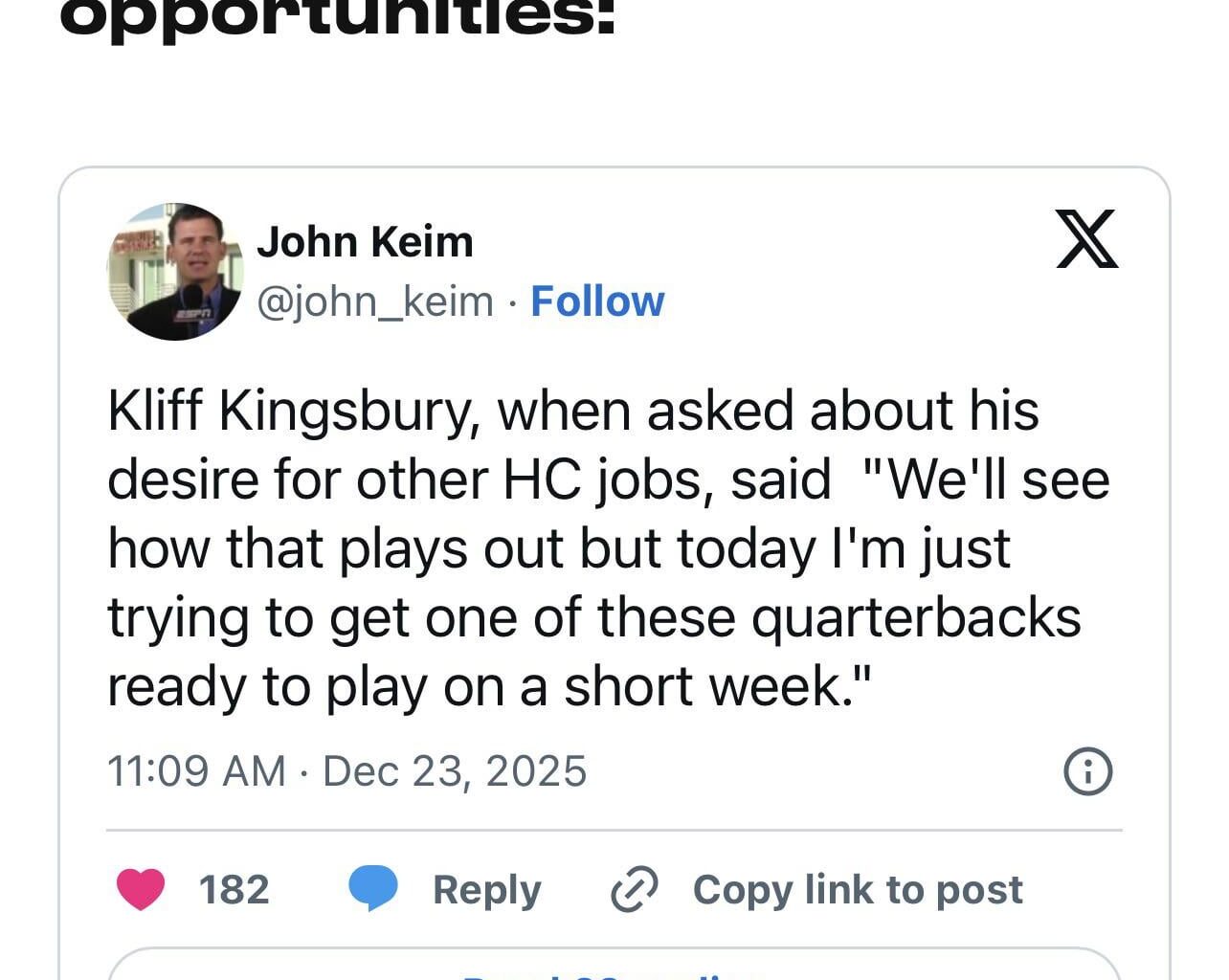 Kliff Kingsbury talks about head coaching opportunities and preparing backup QBs on a short week