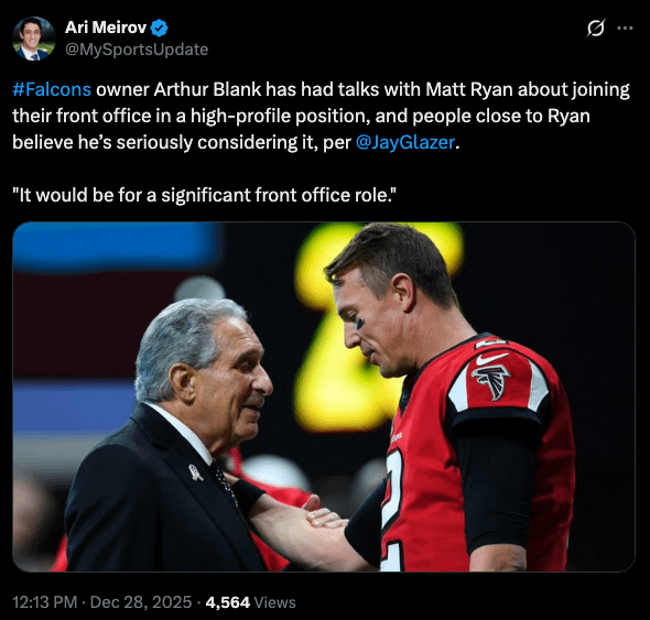Arthur Blank has had talks with Matt Ryan about joining the front office and he's seriously considering it.