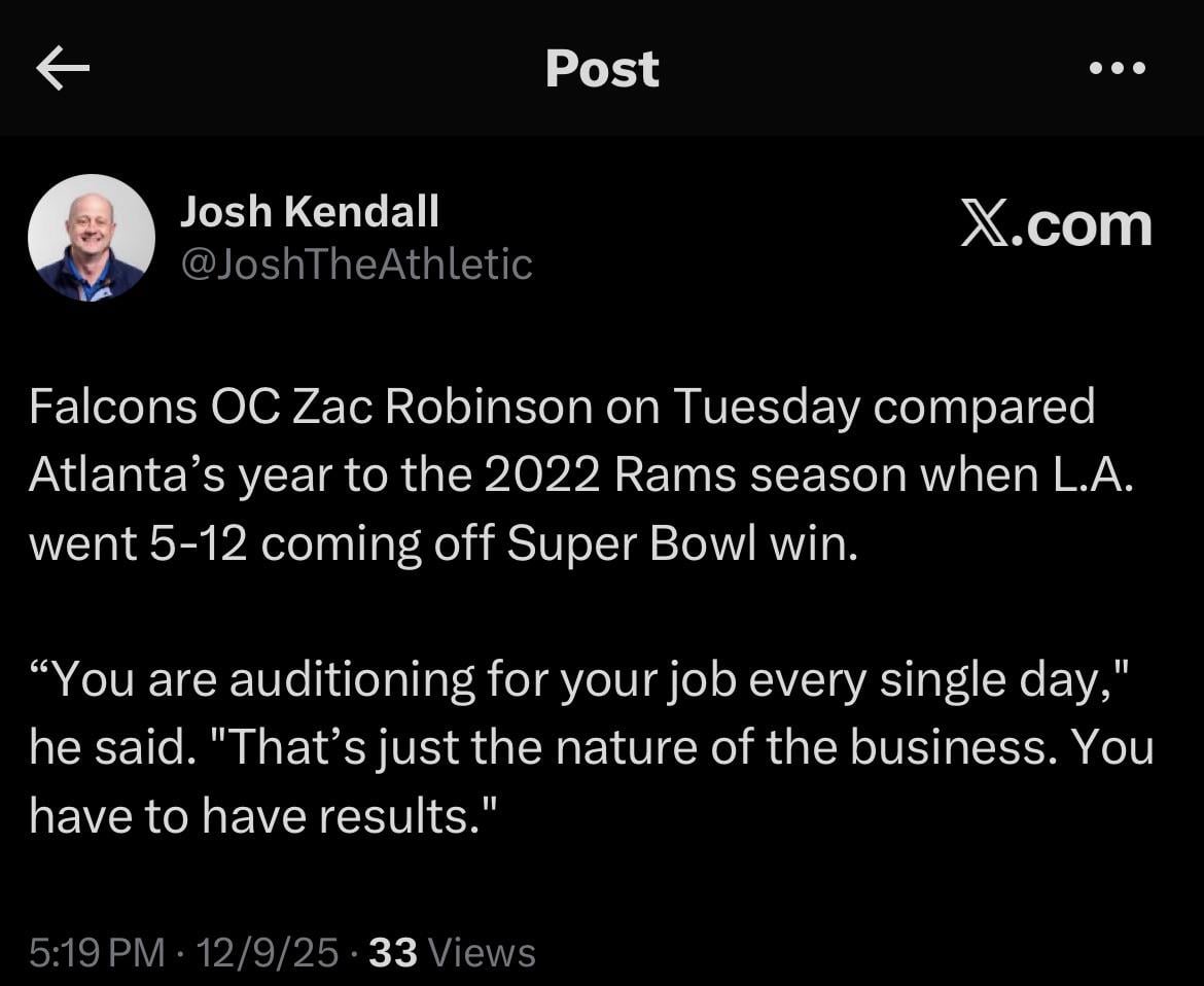 [Kendall] Falcons OC Zac Robinson on Tuesday compared Atlanta’s year to the 2022 Rams season when they went 5-12 coming off Super Bowl win.