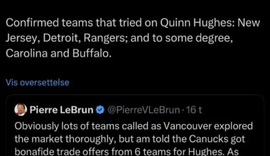 [LeBrun] Confirmed teams that tried on Quinn Hughes: New Jersey, Detroit, Rangers; and to some degree, Carolina and Buffalo.