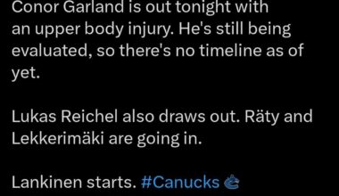 [Batchelor] onor Garland is out tonight with an upper body injury. He's still being evaluated, so there's no timeline as of yet. Lukas Reichel also draws out. Räty and Lekkerimäki are going in. Lankinen starts.
