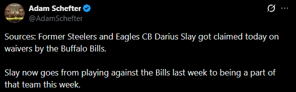 [Schefter] No Reunion....Darius Slay claimed today on waivers by the Buffalo Bills