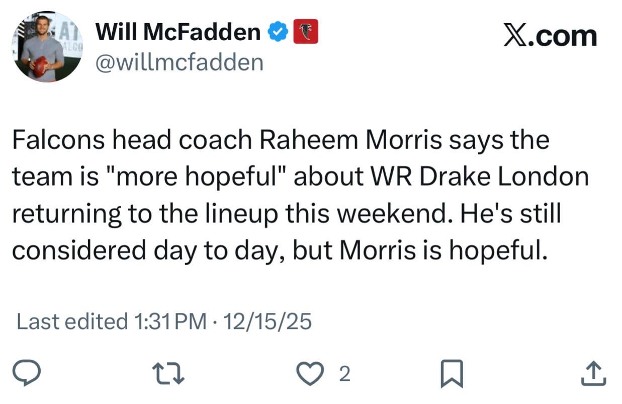 [McFadden] Falcons head coach Raheem Morris says the team is "more hopeful" about WR Drake London returning to the lineup this weekend. He's still considered day to day, but Morris is hopeful.