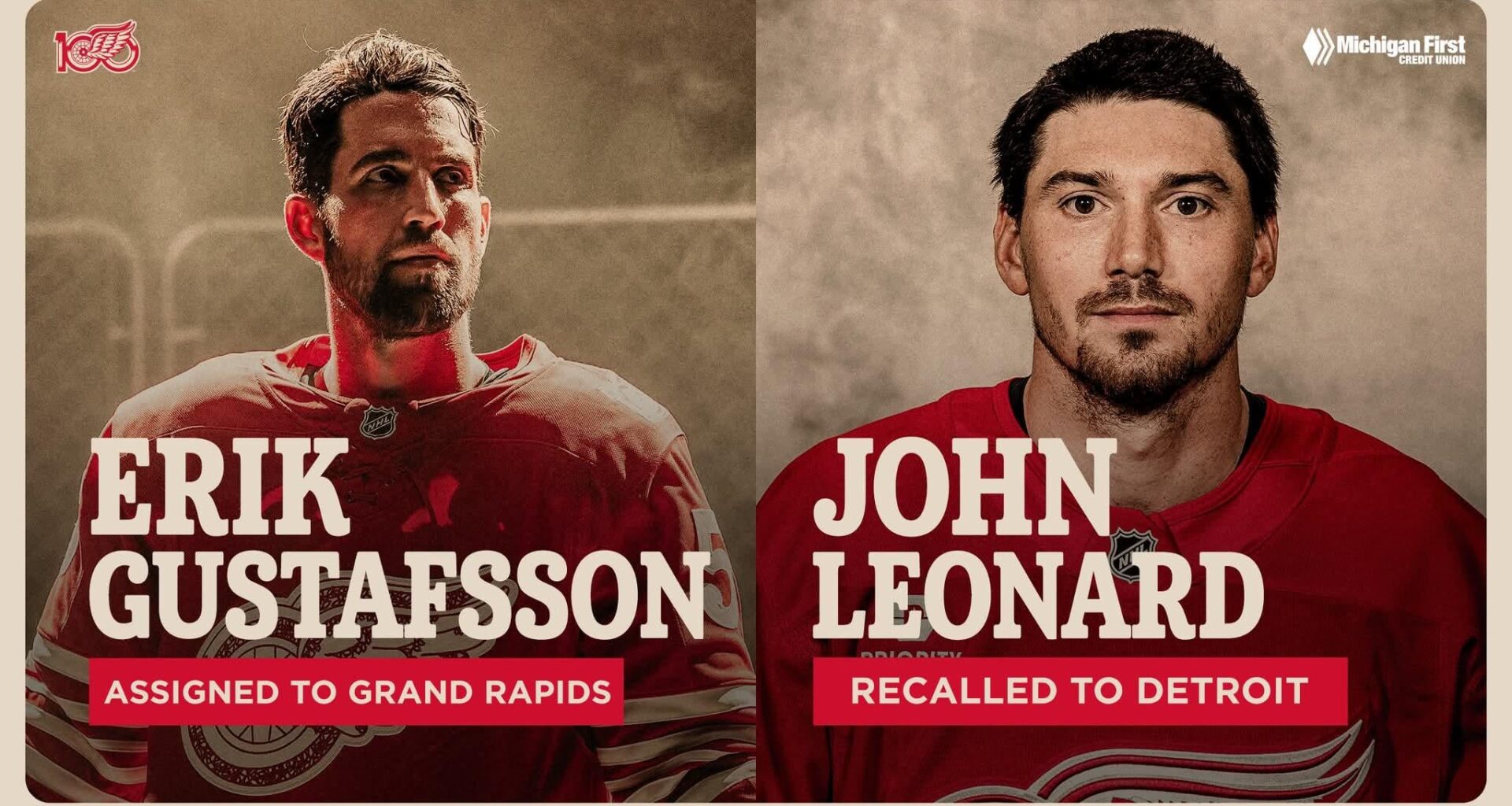 Erik gustafsson called back down the Grand rapids and john leonard called up to the wings