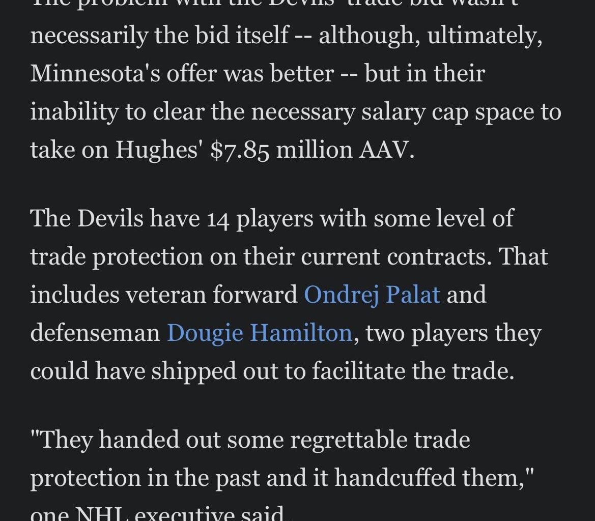 Snippet from today’s ESPN article: “[The Devils] handed out some regrettable trade protection in the past and it handcuffed them”