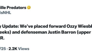 [Nashville Predators] Injury Update: We’ve placed forward Ozzy Wiesblatt (upper body, 8-10 weeks) and defenseman Justin Barron (upper body, week-to-week) on IR.