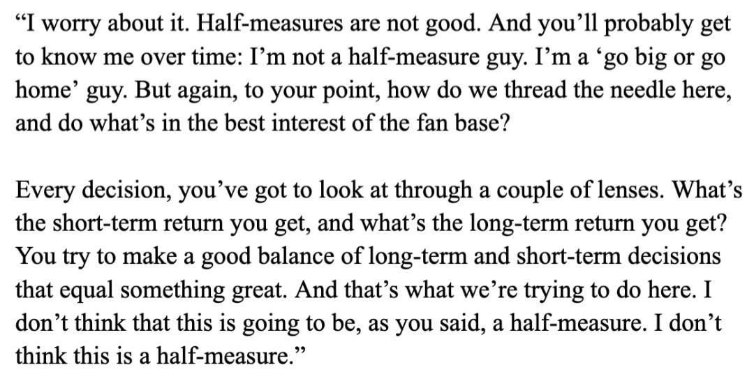 Quotes from Tom Pohlad from Gleeman r.e. the current approach being a half measure (keeping players but not investing), and how they can be "relentless" in winning but not increase payroll
