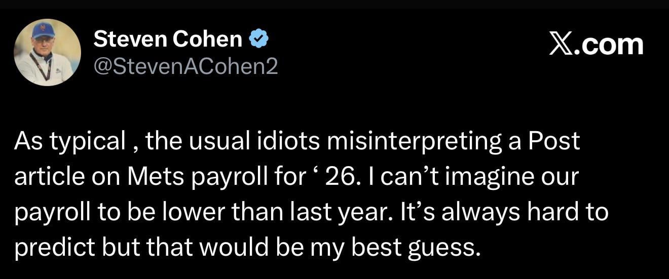 [Steve Cohen] Cohen gives comment on Mets’ Payroll outlook for this season