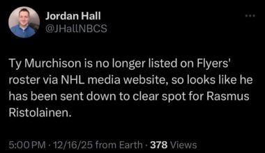 [Hall] Ty Murchison is no longer listed on Flyers' roster via NHL media website, so looks like he has been sent down to clear spot for Rasmus Ristolainen.