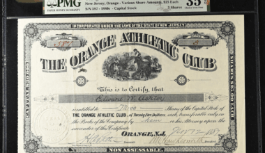 This original stock certificate issued Nov 12 1887, marks the Orange Athletic Club’s inaugural football season. OAC played its first/only game vs Seton Hall on Oct 21 1887, later became NFL’s Orange Tornadoes in 1929. Tornadoes folded after 1930 season, their franchise lineage ultimately led to the