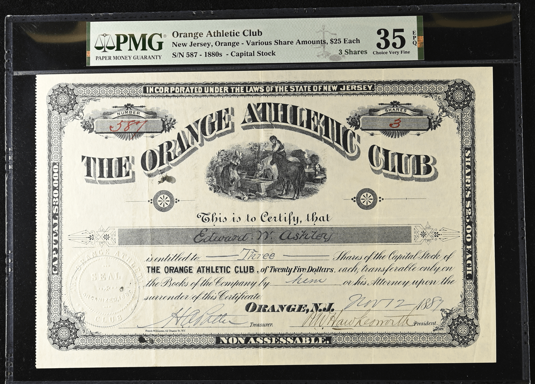 This original stock certificate issued Nov 12 1887, marks the Orange Athletic Club’s inaugural football season. OAC played its first/only game vs Seton Hall on Oct 21 1887, later became NFL’s Orange Tornadoes in 1929. Tornadoes folded after 1930 season, their franchise lineage ultimately led to the