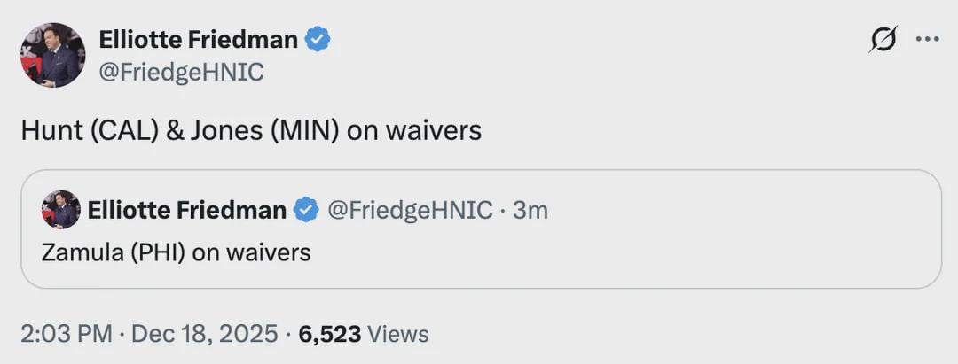 [Friedman] Hunt (CAL), Jones (MIN), Zamula (PHI) on waivers