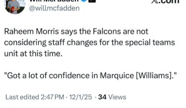 [McFadden] Raheem Morris says the Falcons are not considering staff changes for the special teams unit at this time. “Got a lot of confidence in Marquice [Williams]."