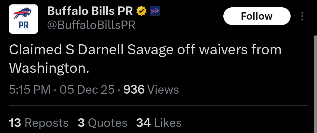 Bills claimed Darnell Savage off waivers from Washington