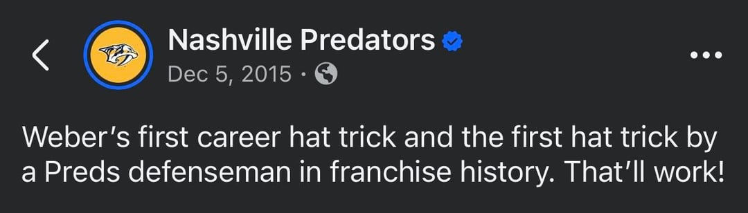 12/5/15 — 10 years ago today NHL HOFer Shea Weber had the 1st Preds’ D-Man Hat Trick