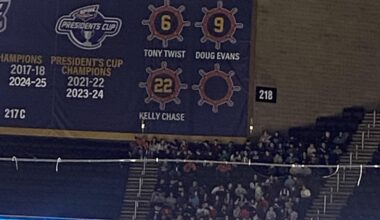 At a Peoria rivermen game and saw some of our Blues favorites in their retired numbers!