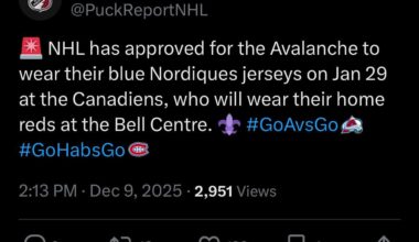 Go Nords, Hail Satan [NHL News: The NHL has Approved the Avs to Wear their Blue Nordiques Jersey on 29 January at the Bell Centre against the Canadiens.]