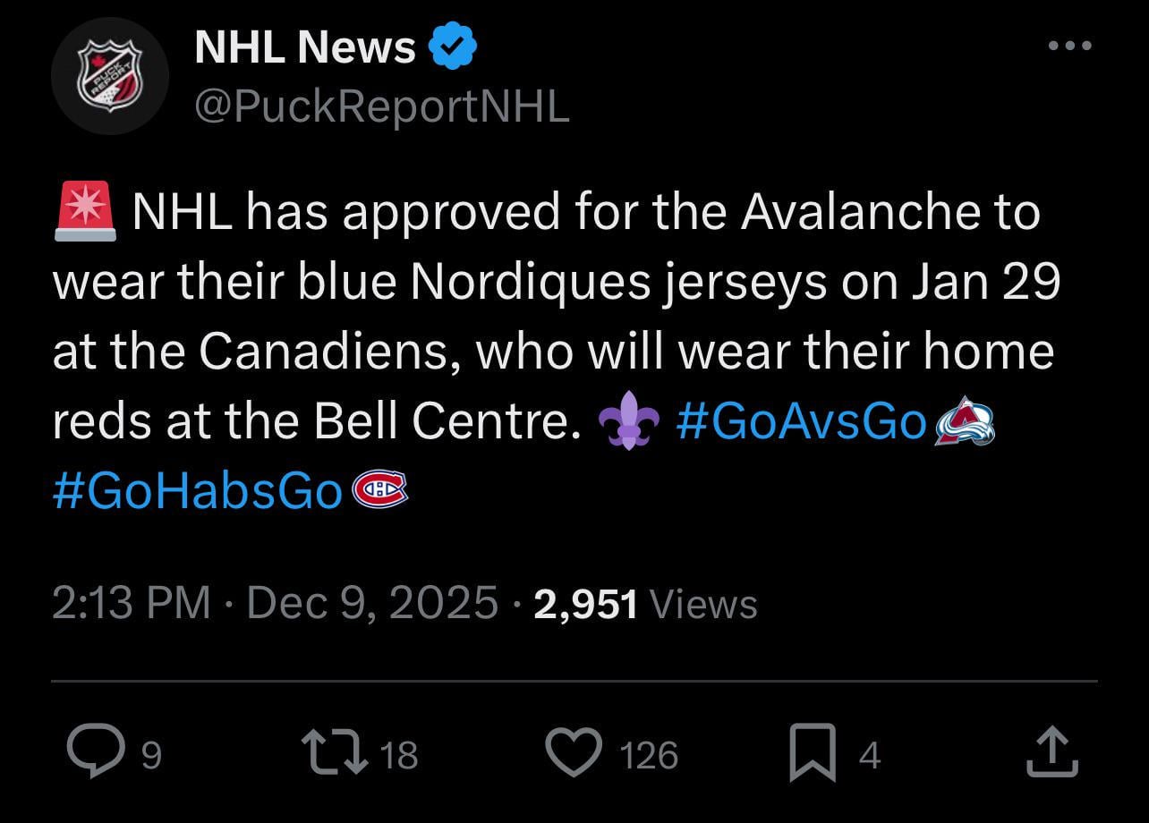 Go Nords, Hail Satan [NHL News: The NHL has Approved the Avs to Wear their Blue Nordiques Jersey on 29 January at the Bell Centre against the Canadiens.]