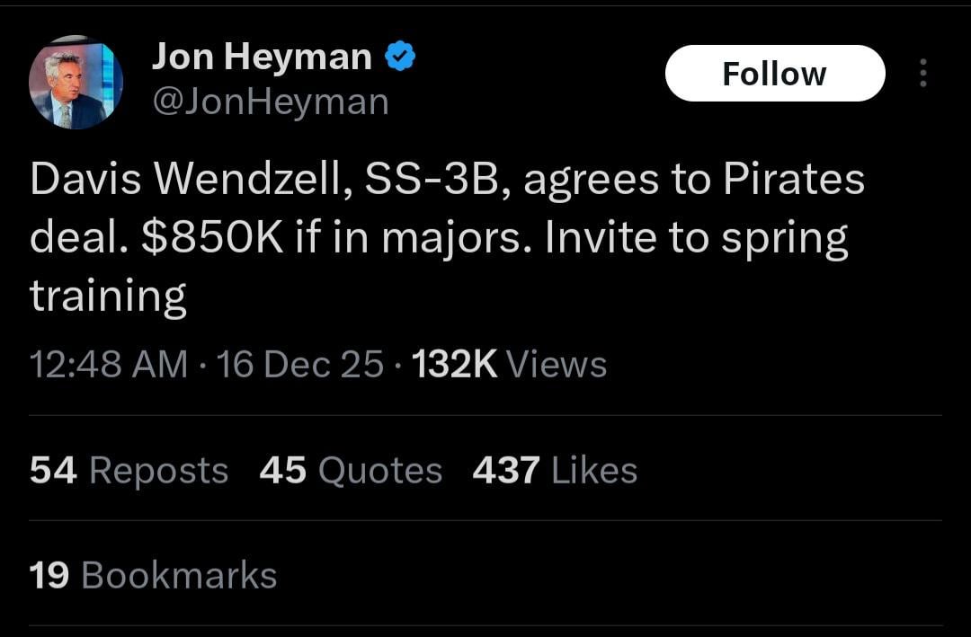 Davis Wendzell, SS-3B, agrees to Pirates deal. $850K if in majors. Invite to spring training