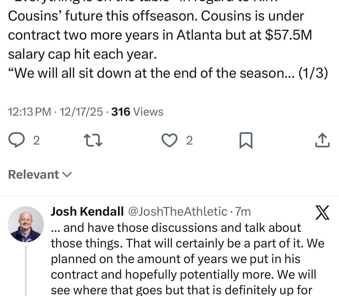 [Kendall] Falcons head coach Raheem Morris said “Everything is on the table” in regard to Kirk Cousins’ future this offseason.