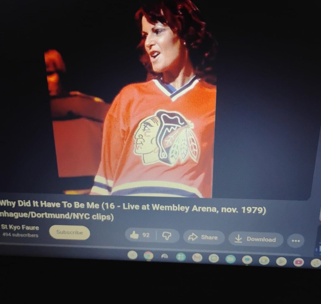 Frida of ABBA in a Blackhawks jersey.