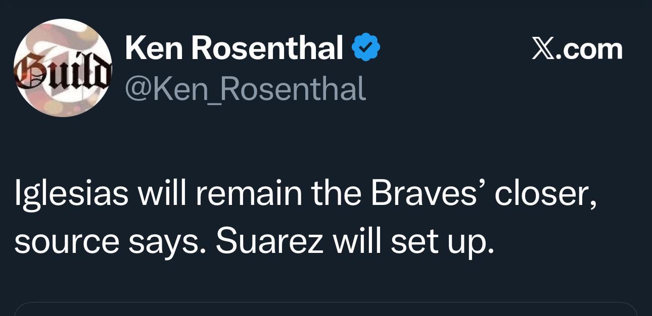 [Rosenthal] Iglesias will remain the Braves’ closer, source says. Suarez will set up.