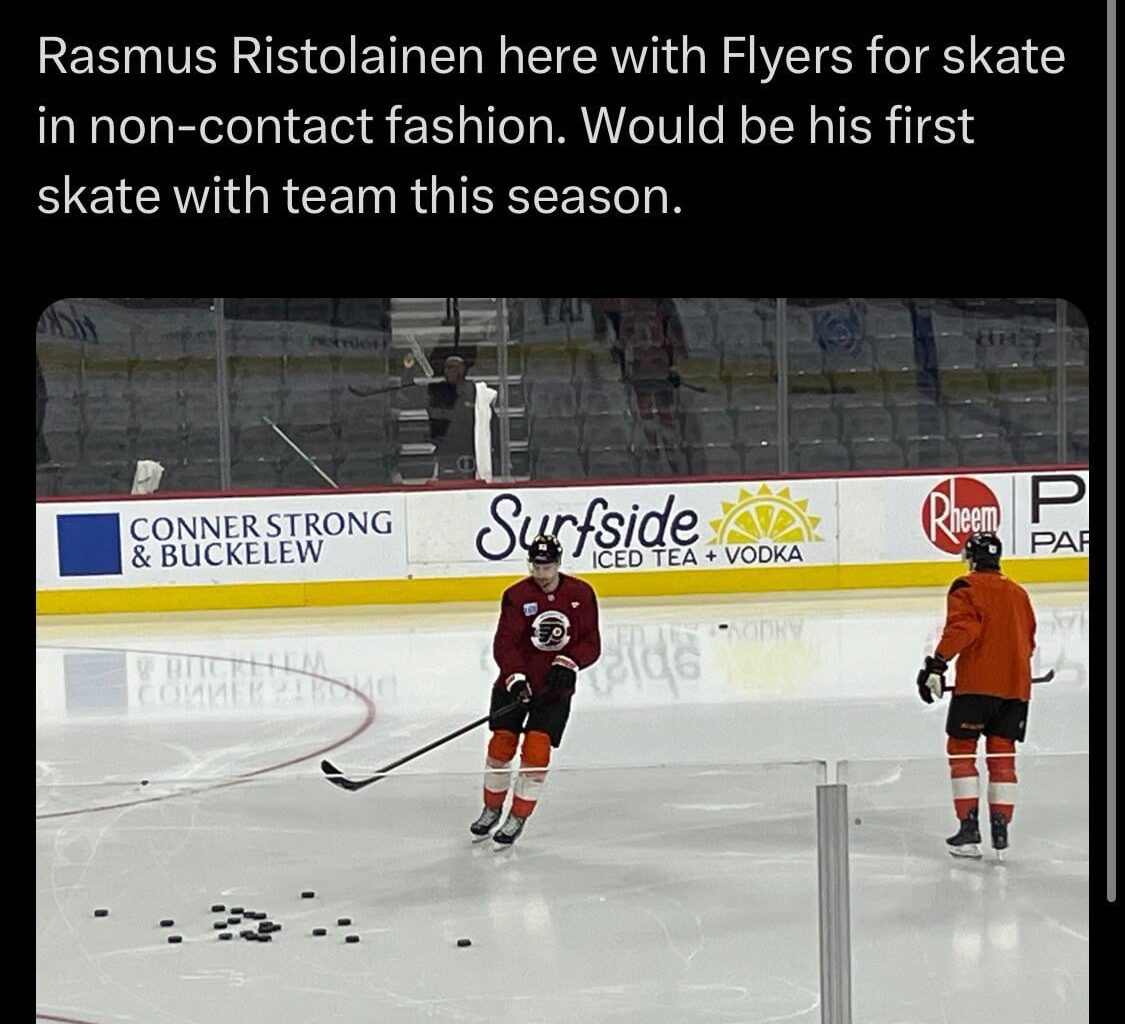[Hall] Rasmus Ristolainen here with Flyers for skate in non-contact fashion. Would be his first skate with team this season.