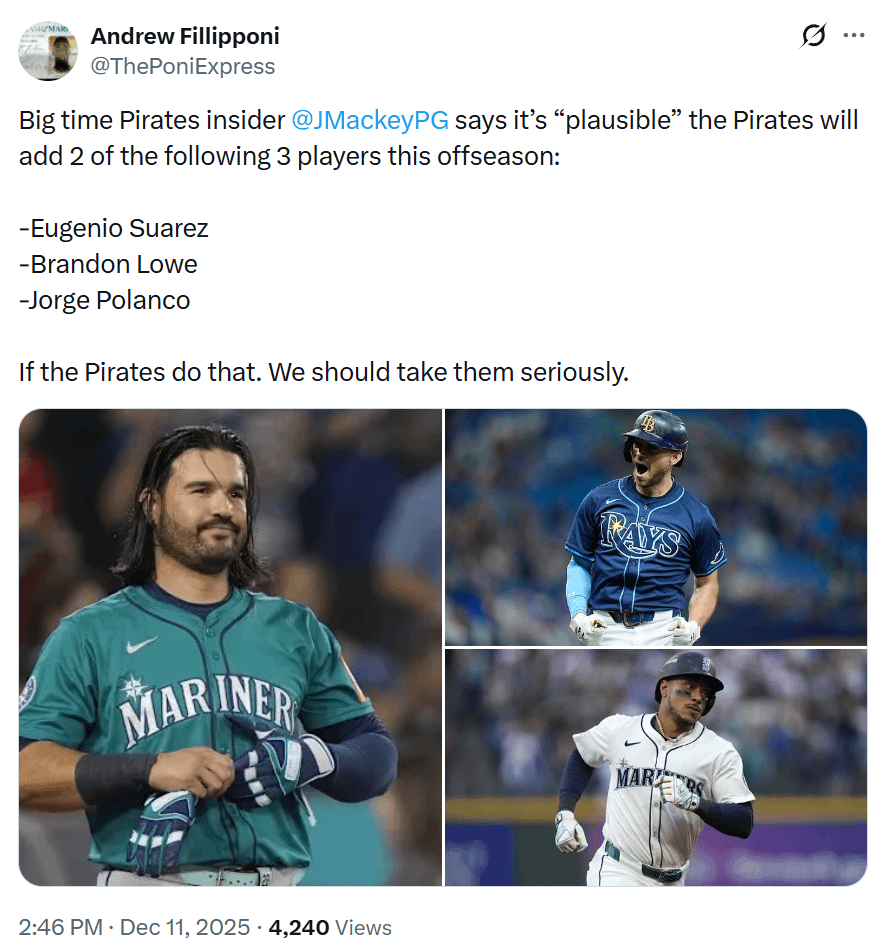 Mackey: "Plausible" that the Pirates add 2 of Suarez, Polanco and Lowe this off-season