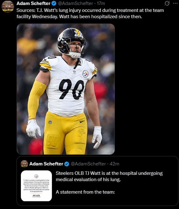 T.J. Watt’s lung injury occurred during treatment at the team facility Wednesday