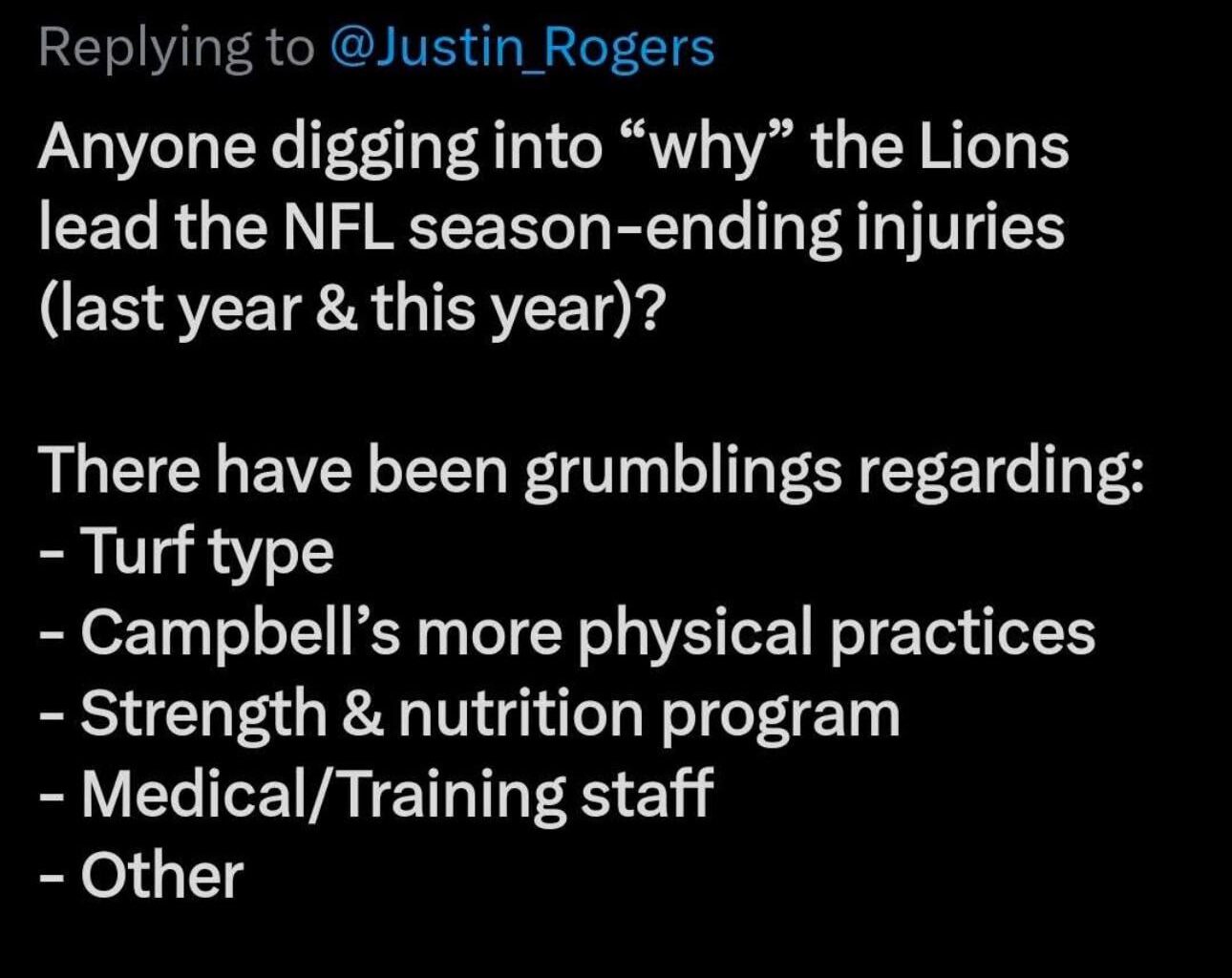 Anyone digging into "why" the Lions lead the NFL season-ending injuries (last year & this year)?