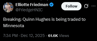 Capitals marked as safe - Quinn Hughes to Minnesota