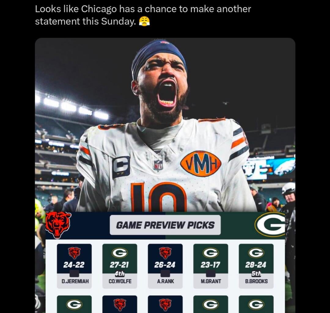 [Bearsszn] The NFL’s game picks for Bears vs Packers are in. 👀 Looks like Chicago has a chance to make another statement this Sunday. 😤