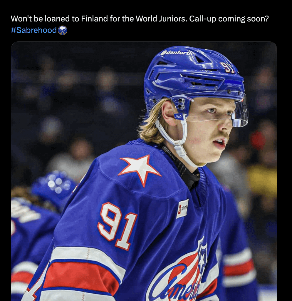 [The Sabre Report] Konsta Helenius in the AHL this season: 24 points in 26 games (T-7th in AHL), 23 points in his last 21 games. Currently on pace for the 2nd-most points ever by a 19 year old in the AHL. Won't be loaned to Finland for the World Juniors. Call-up coming soon?