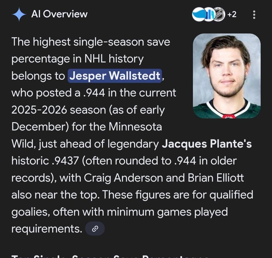 Jesper Wallstedt currently holds the single season Save % record by a goalie in a season (so far and for now)