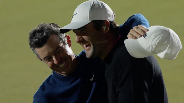 Rory McIlroy and Scottie Scheffler share a joke during the Golf Channel Games