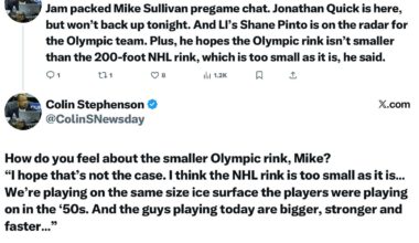 [Stepheson] Jam packed Mike Sullivan pregame chat. Jonathan Quick is here,  but won’t back up tonight. And LI’s Shane Pinto is on the radar for the Olympic team. Plus, he hopes the Olympic rink isn’t smaller than the 200-foot NHL rink, which is too small as it is, he said.