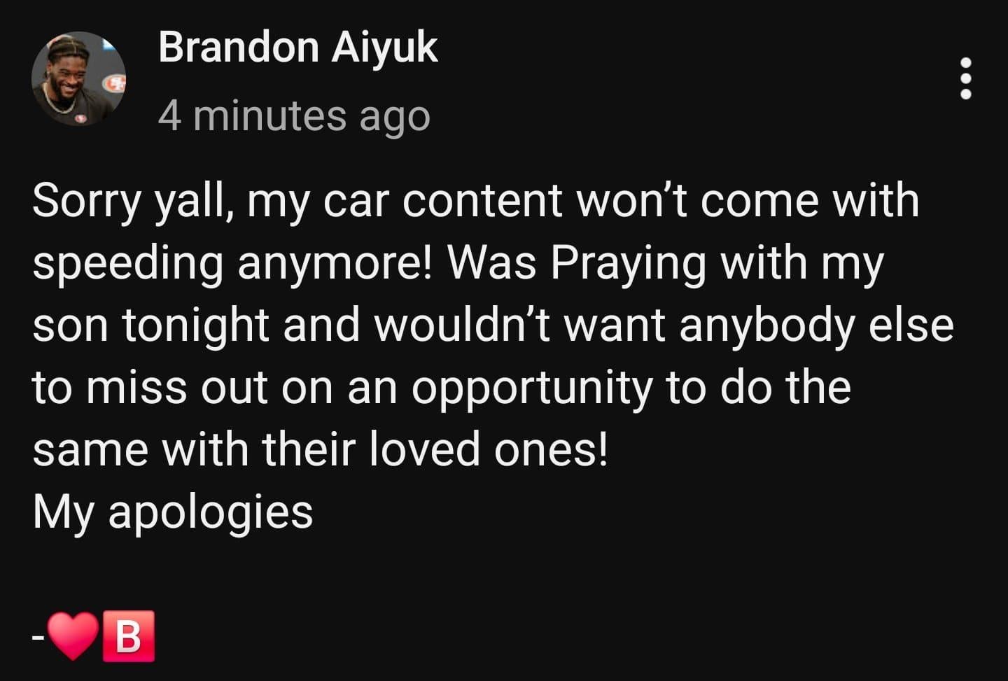 Brandon Aiyuk posts an apology on his official YouTube account for him speeding a few days ago