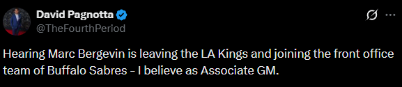 [David Pagnotta] Hearing Marc Bergevin is leaving the LA Kings and joining the front office team of Buffalo Sabres - I believe as Associate GM.