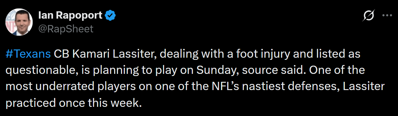 [Rapoport] Kamari is planning to play on Sunday, source said