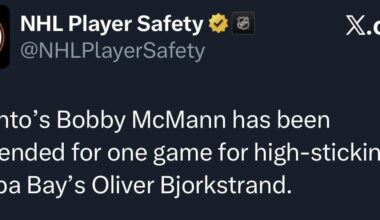 [NHL Player Safety] Toronto’s Bobby McMann has been suspended for one game for high-sticking Tampa Bay’s Oliver Bjorkstrand.