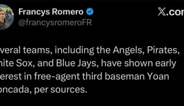 [Romero] Several teams, including the Angels, Pirates, White Sox, and Blue Jays, have shown early interest in free-agent third baseman Yoan Moncada, per sources. Despite thumb and knee issues, Moncada had a solid 2025 and could contribute even more next season among third basemen.