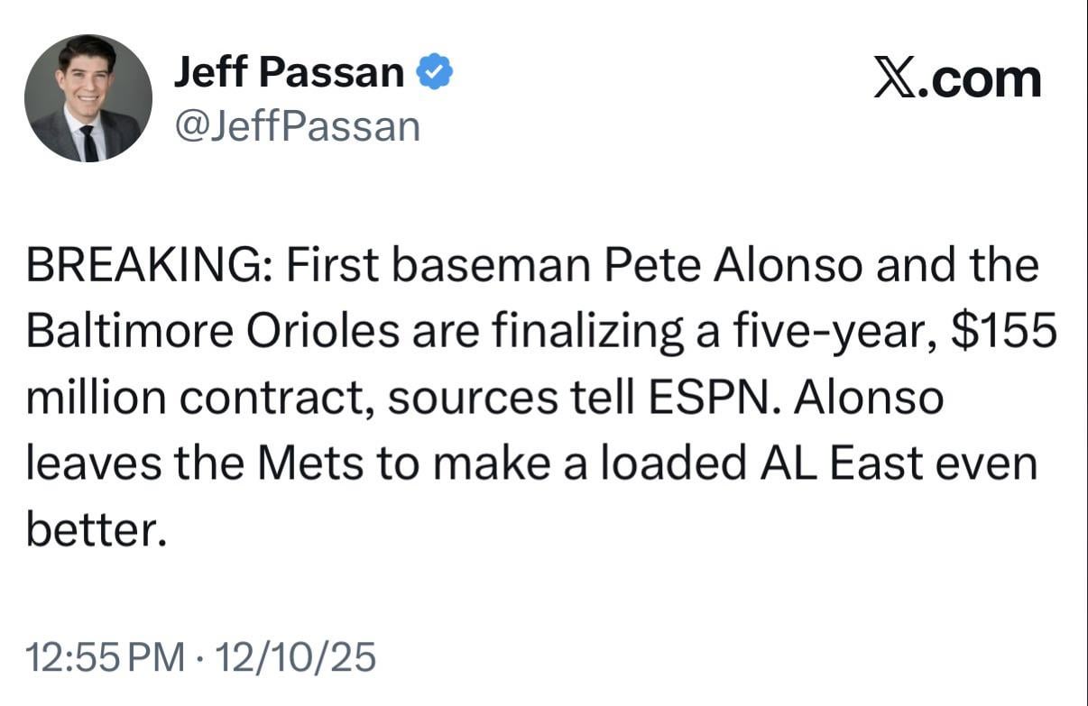 Alonso to Orioles, per Passan