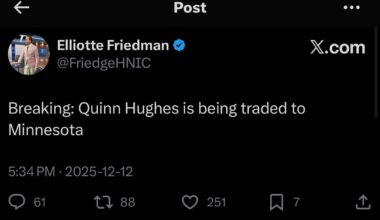[Elliote Friedman on X] Breaking: Quinn Hughes is being traded to Minnesota