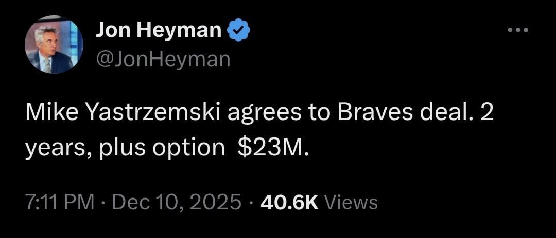 [Heyman] Mike Yastrzemski agrees to Braves deal. 2 years, plus option $23M.