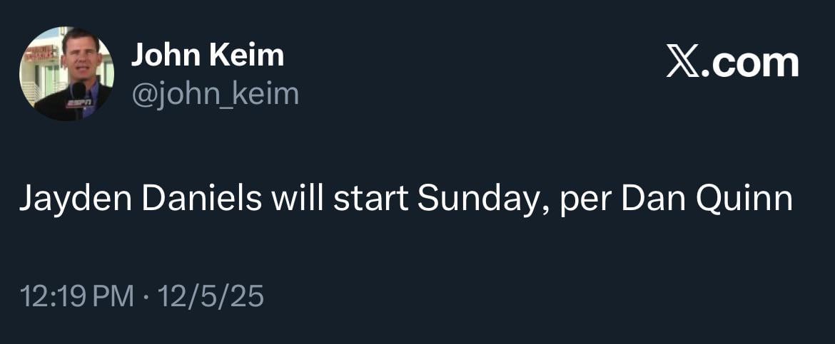 [Keim] Jayden Daniels will start Sunday