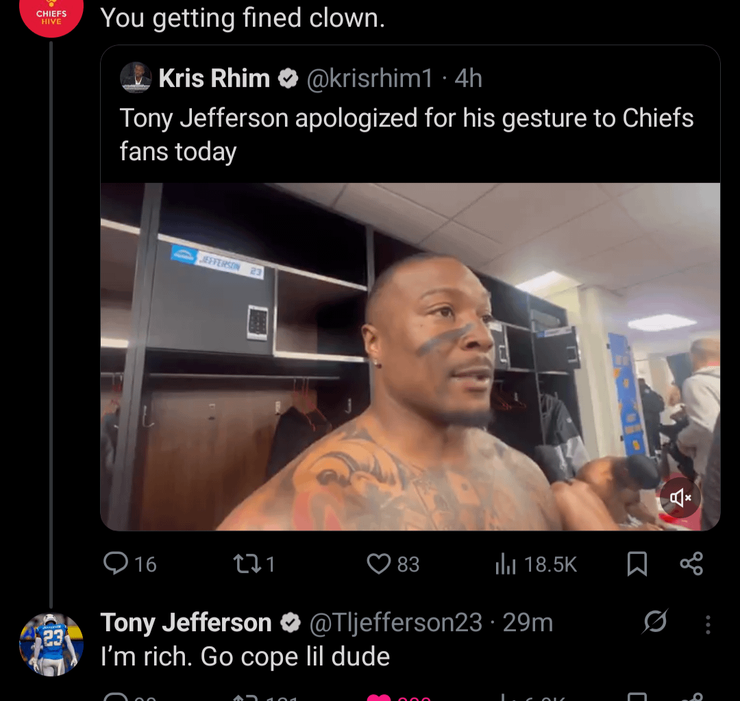 Tony Jefferson responds to a Chiefs fan about getting fined: "I'm rich. Go cope lil dude" 😂