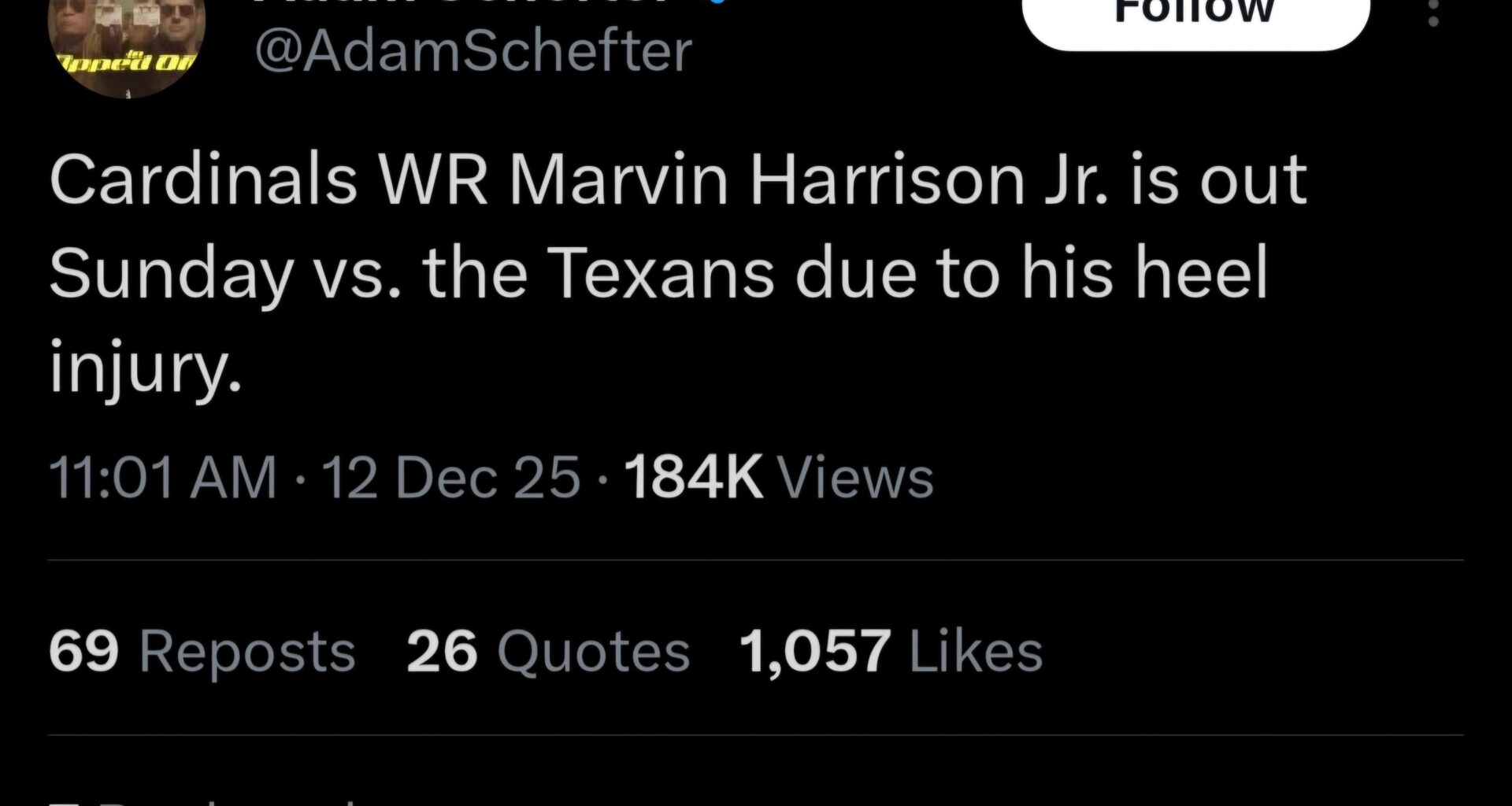 Marvin Harrison JR out for Sunday