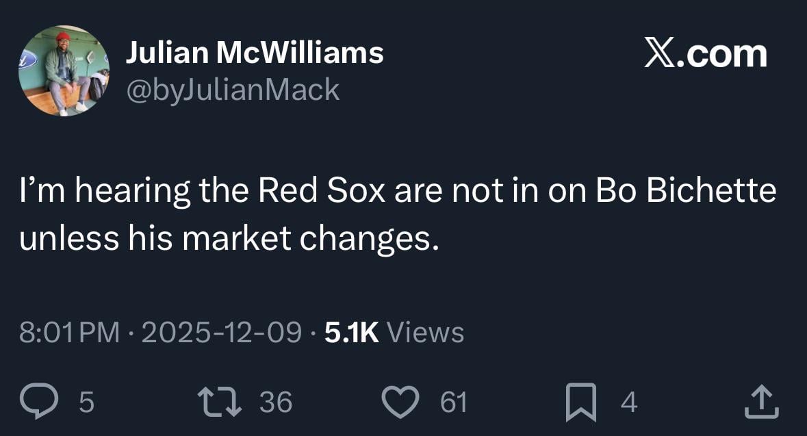 [McWilliams] I’m hearing the Red Sox are not in on Bo Bichette unless his market changes.