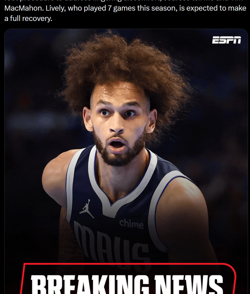 [Charania] Dallas Mavericks center Dereck Lively II will undergo season-ending right foot procedure to address lingering discomfort, sources tell me and Tim MacMahon. Lively, who played 7 games this season, is expected to make a full recovery.